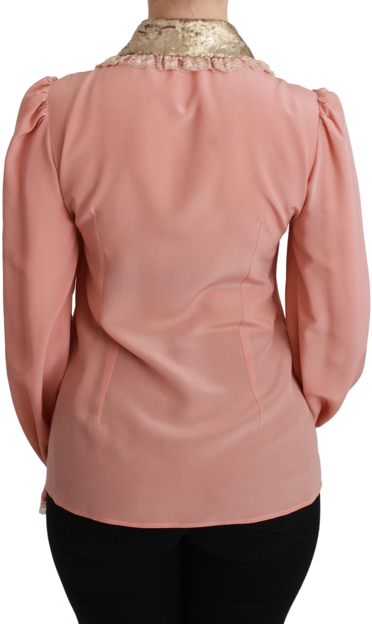 Dolce & Gabbana Pink Silk Gold Sequin Lace Blouse Shirt Goud