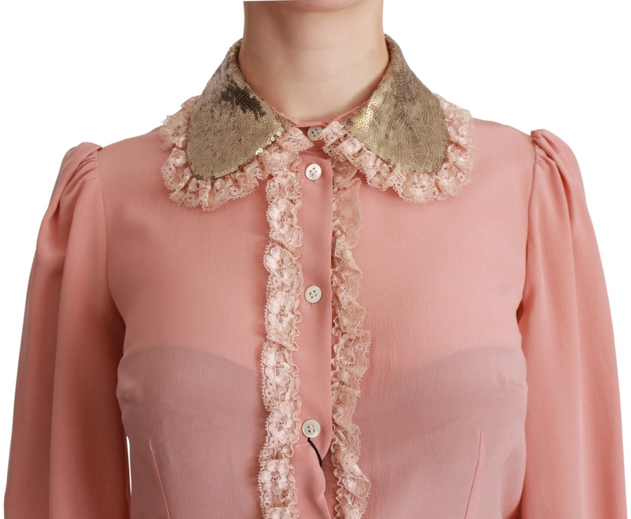Dolce & Gabbana Pink Silk Gold Sequin Lace Blouse Shirt Goud