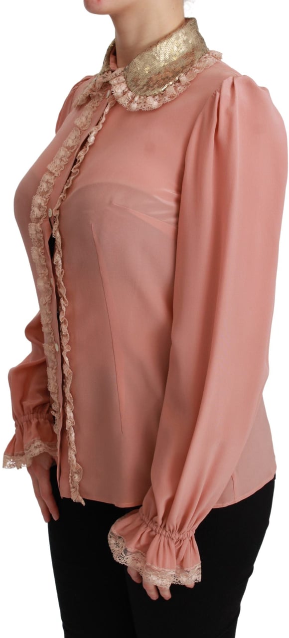 Dolce & Gabbana Pink Silk Gold Sequin Lace Blouse Shirt Goud