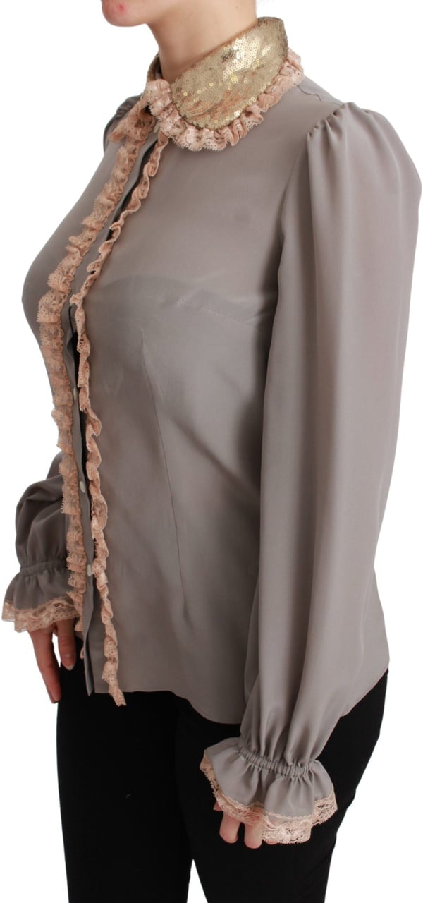 Dolce & Gabbana Gray Silk Gold Sequin Lace Blouse Shirt Grijs