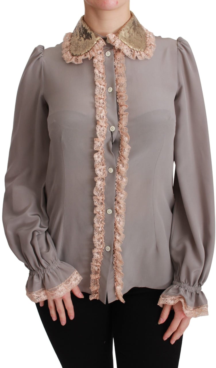 Dolce & Gabbana Gray Silk Gold Sequin Lace Blouse Shirt Grijs