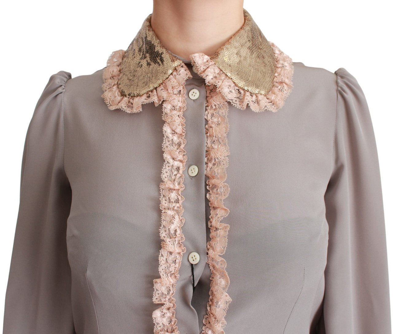 Dolce & Gabbana Gray Silk Gold Sequin Lace Blouse Shirt Grijs