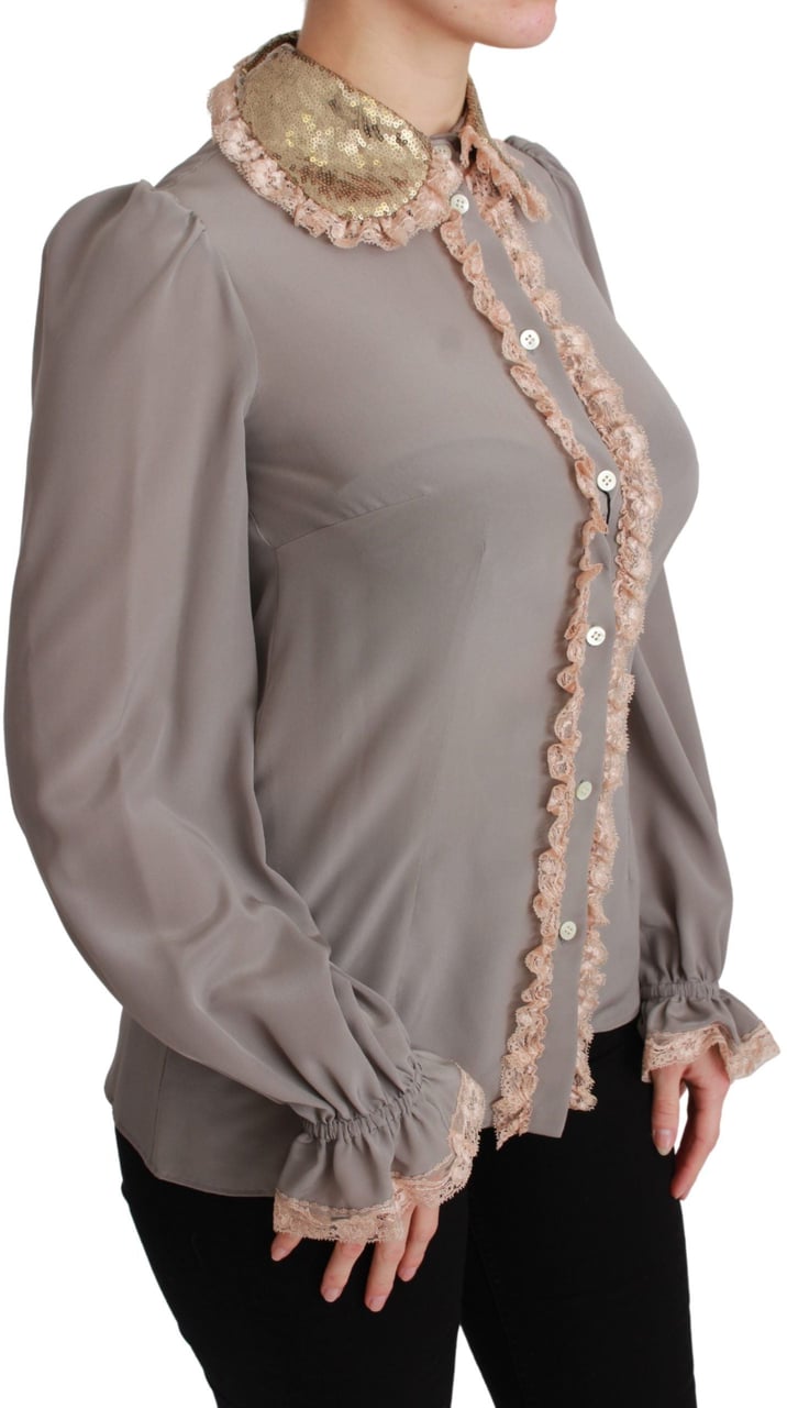 Dolce & Gabbana Gray Silk Gold Sequin Lace Blouse Shirt Grijs