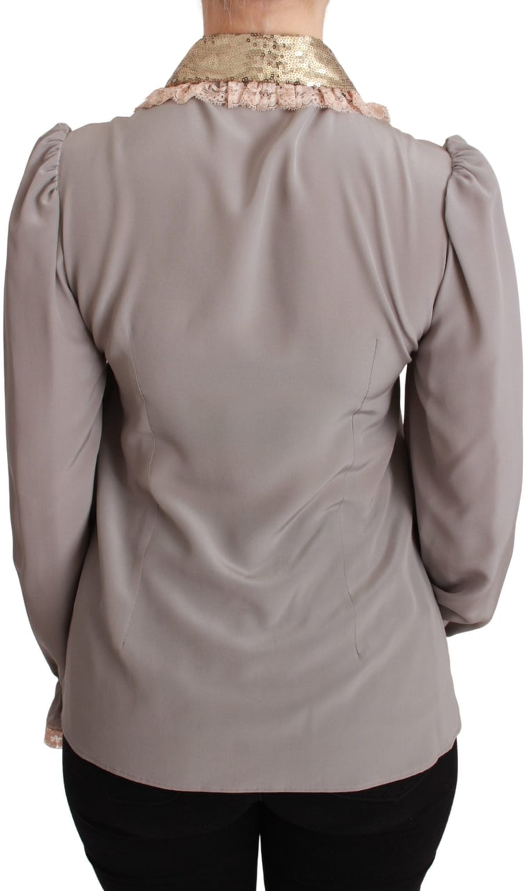 Dolce & Gabbana Gray Silk Gold Sequin Lace Blouse Shirt Grijs