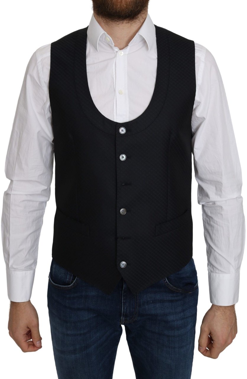 Dolce & Gabbana Blue Silk Romb Pattern Formal Coat Vest Blauw
