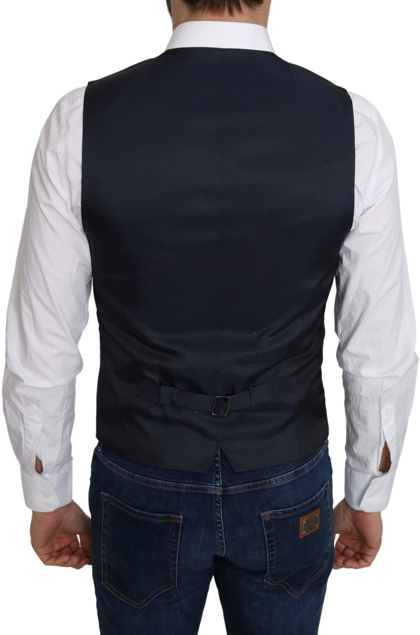 Dolce & Gabbana Blue Silk Romb Pattern Formal Coat Vest Blauw