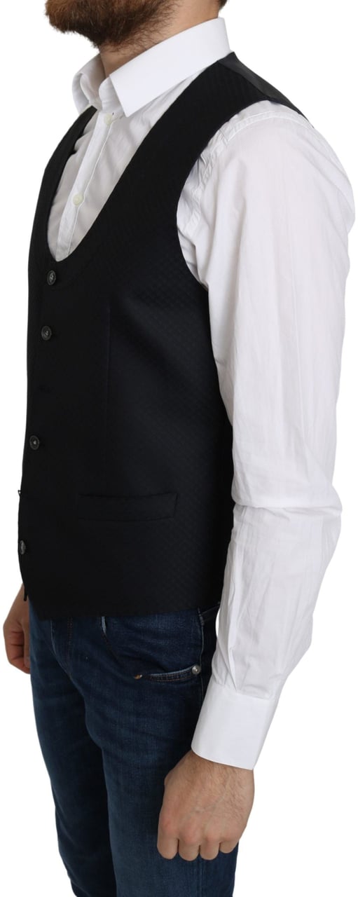 Dolce & Gabbana Blue Silk Romb Pattern Formal Coat Vest Blauw