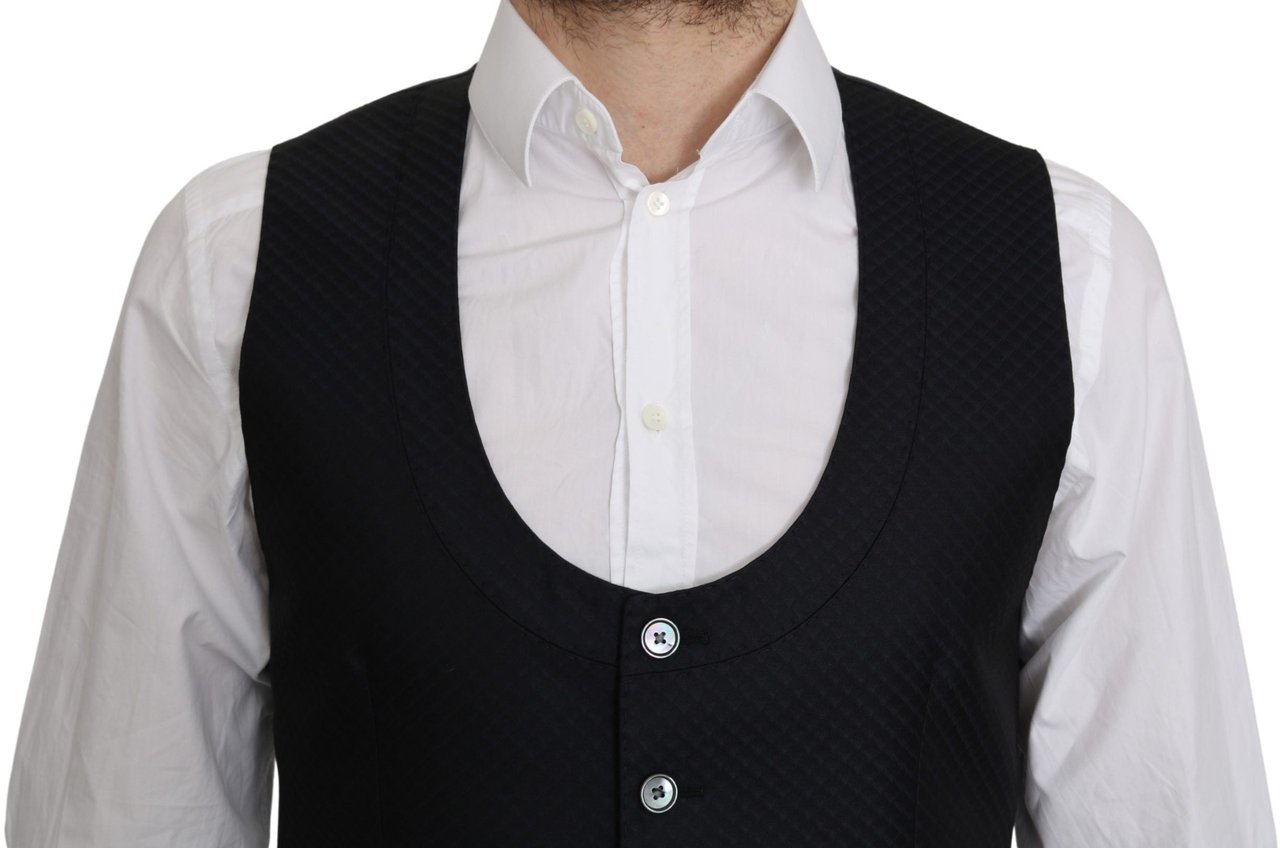 Dolce & Gabbana Blue Silk Romb Pattern Formal Coat Vest Blauw