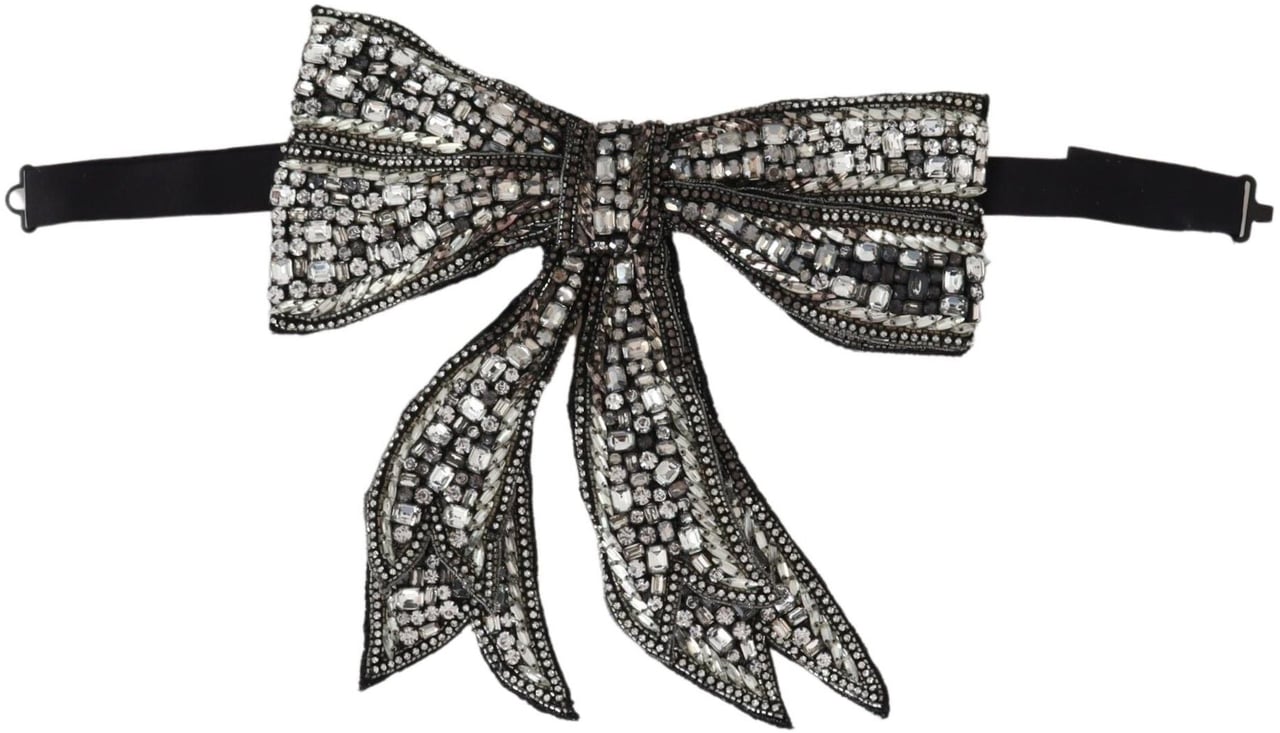 Dolce & Gabbana Silver Crystal Beaded Sequined Catwalk Necklace Bowtie Zilver