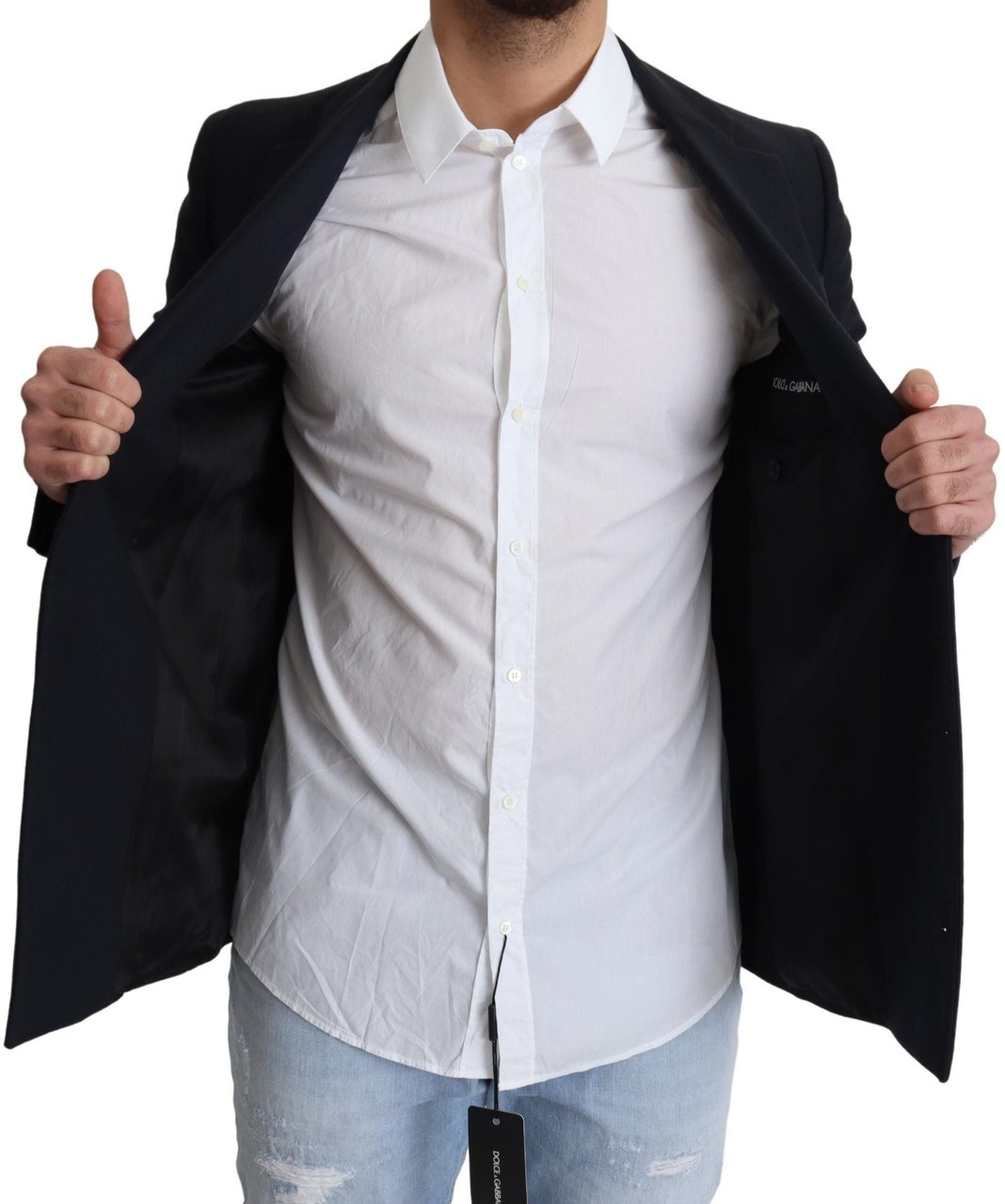 Dolce & Gabbana Dark Blue Wool Single Breasted Coat Jacket Blauw