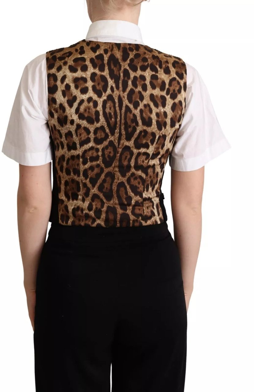 Dolce & Gabbana Black Brown Leopard Print Waistcoat Vest Zwart