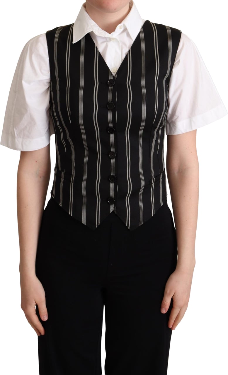Dolce & Gabbana Black Striped Leopard Print Waistcoat Vest Zwart