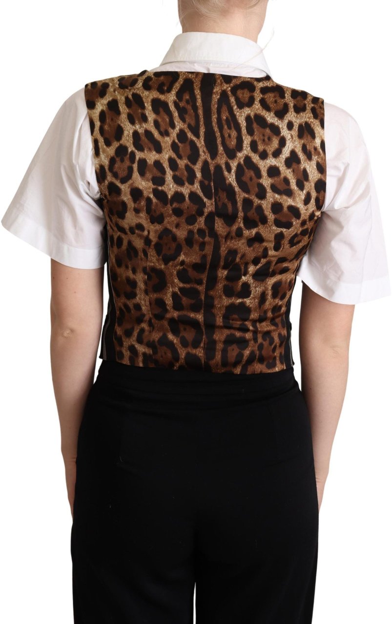 Dolce & Gabbana Black Striped Leopard Print Waistcoat Vest Zwart