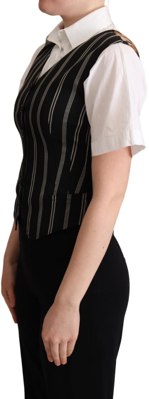 Dolce & Gabbana Black Striped Leopard Print Waistcoat Vest Zwart