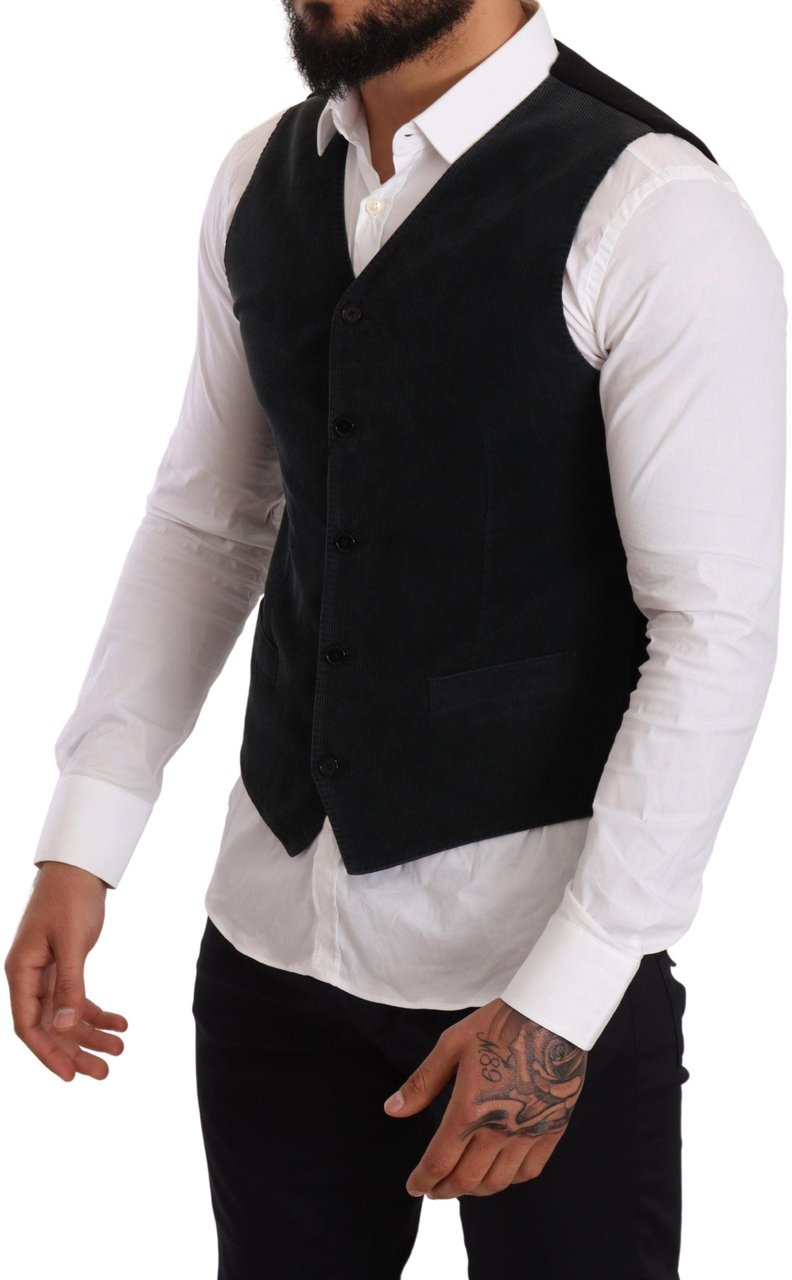 Dolce & Gabbana Black Cotton Single Breasted Waistcoat Zwart