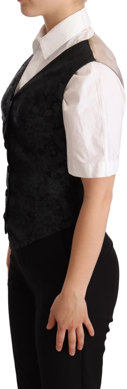 Dolce & Gabbana Black Jacquard Floral Waistcoat Vest Green Groen