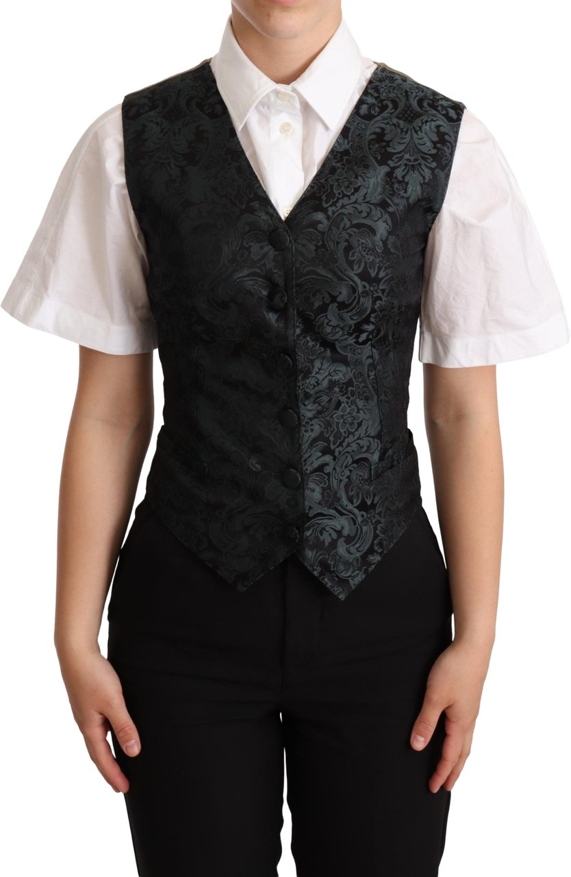 Dolce & Gabbana Black Jacquard Floral Waistcoat Vest Green Groen