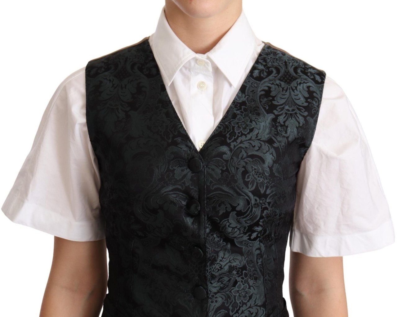 Dolce & Gabbana Black Jacquard Floral Waistcoat Vest Green Groen