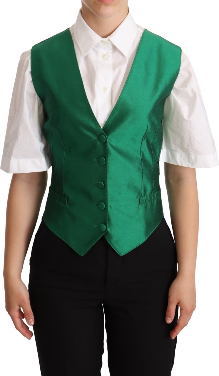 Dolce & Gabbana Green Silk Satin Sleeveless Waistcoat Vest Groen