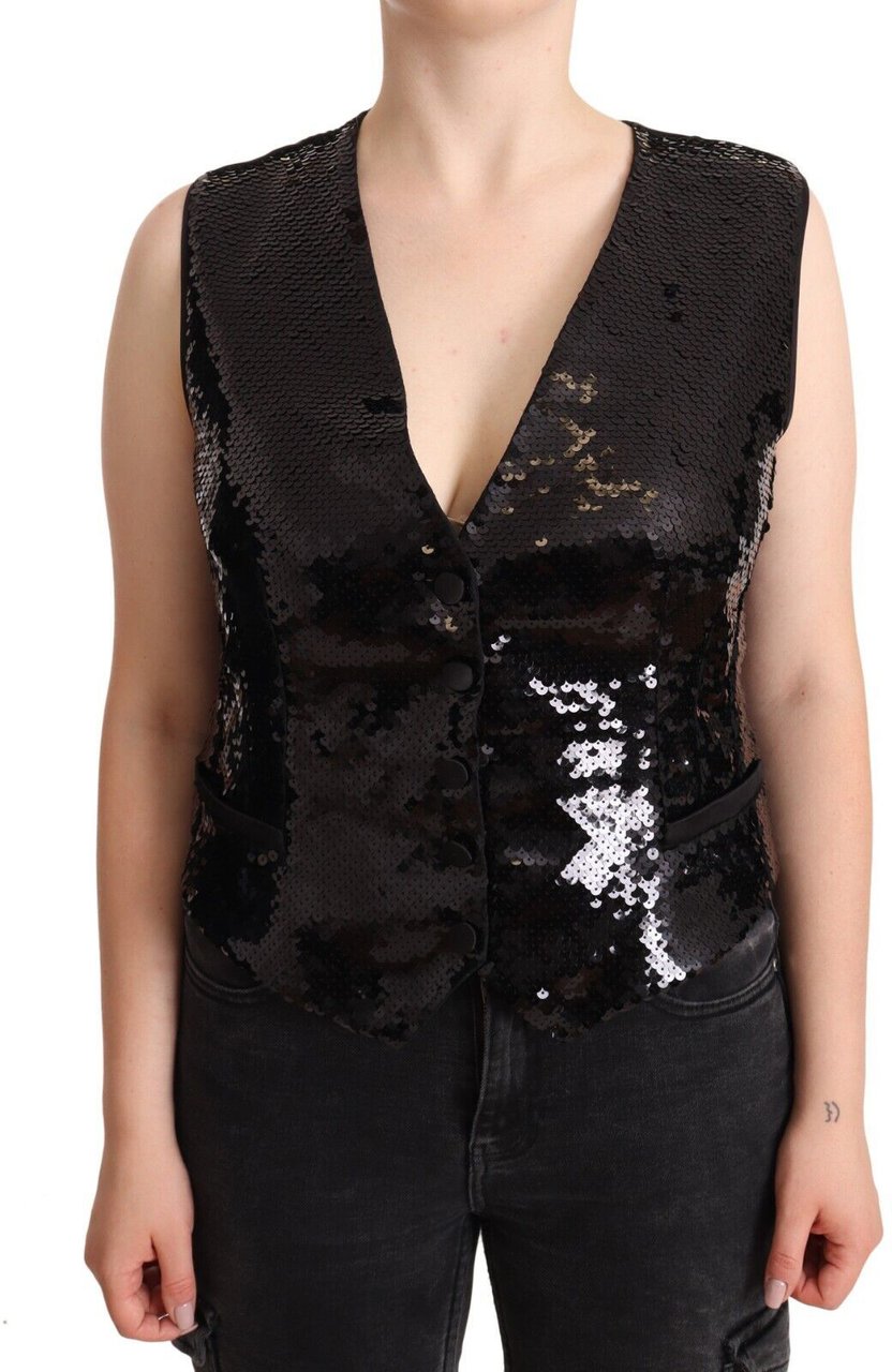 Dolce & Gabbana Black Sequin V-Neck Sleeveless Vest Tank Top Zwart
