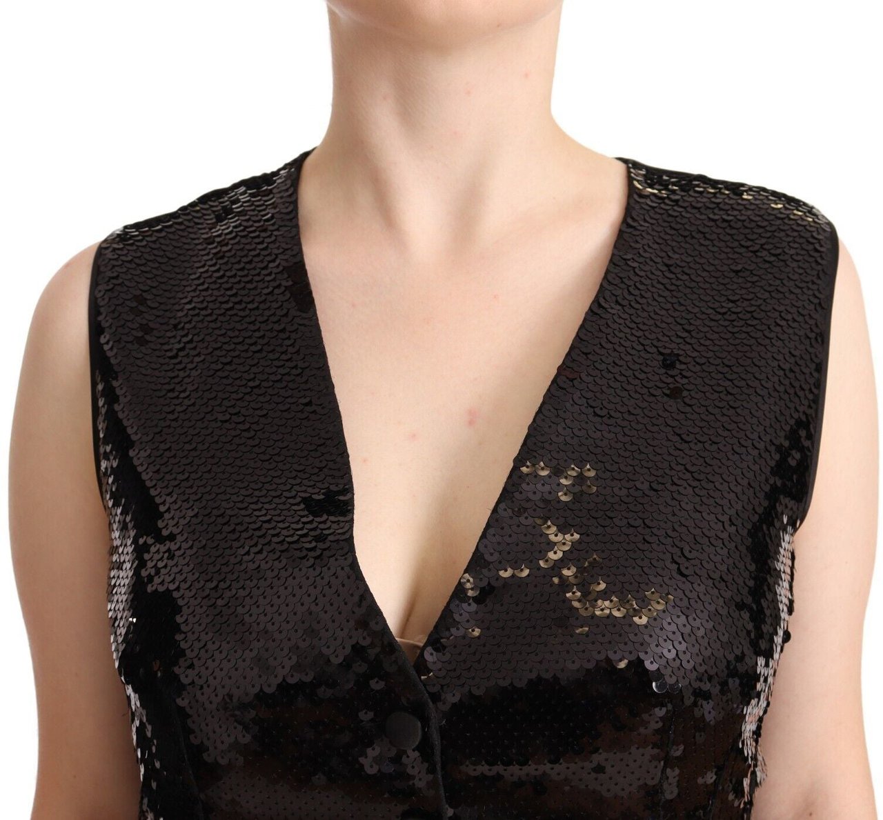 Dolce & Gabbana Black Sequin V-Neck Sleeveless Vest Tank Top Zwart