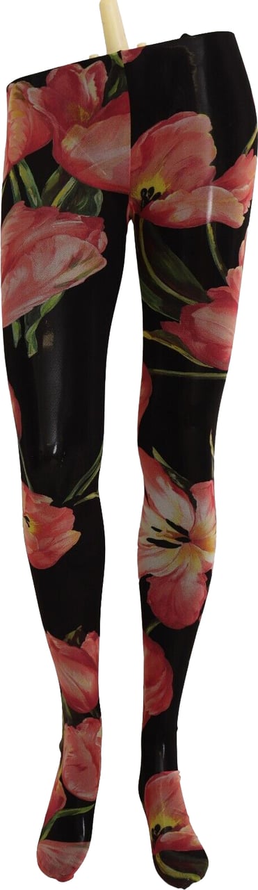 Dolce & Gabbana Black Floral Print Nylon Tights Stockings Zwart