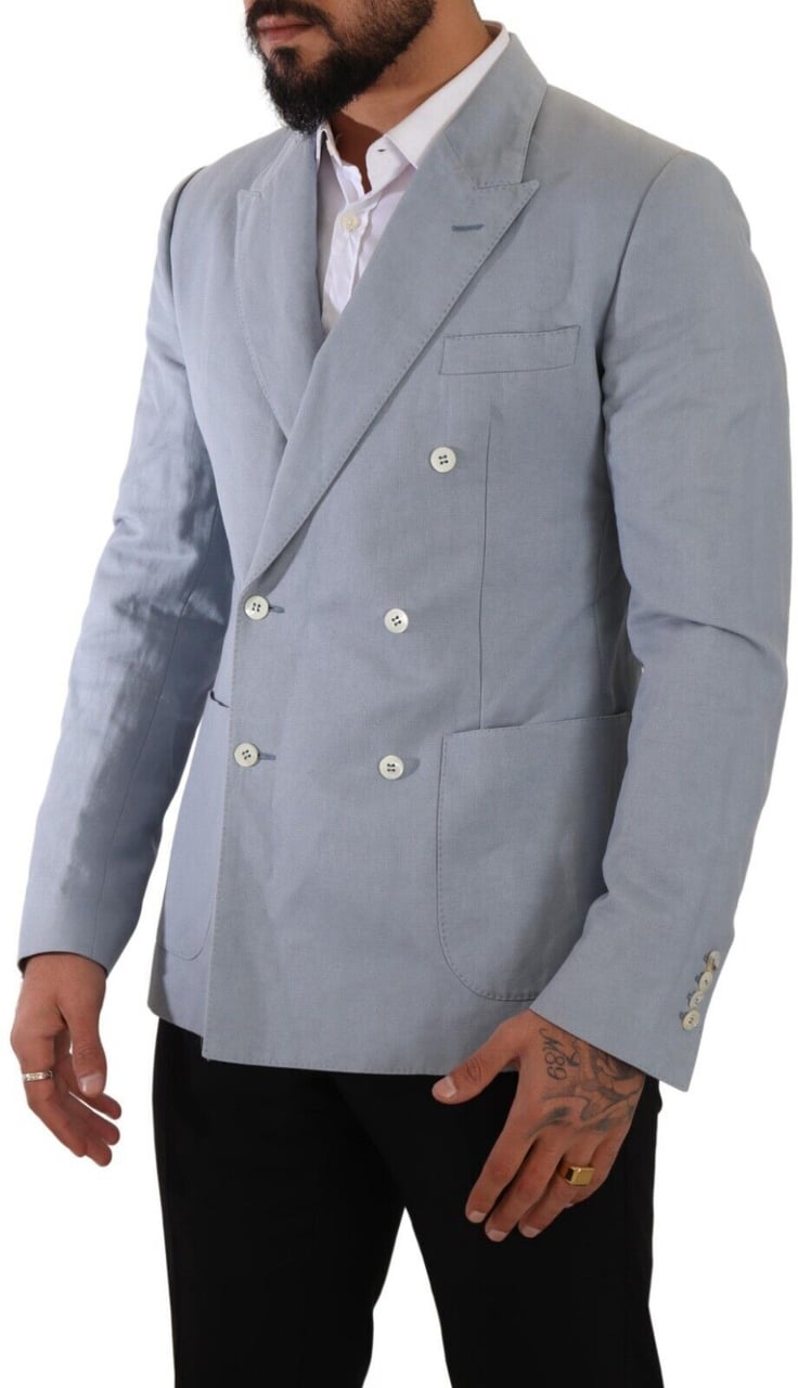 Dolce & Gabbana Blue Cotton Linen Slim Fit Jacket Coat Blazer Lichtblauw