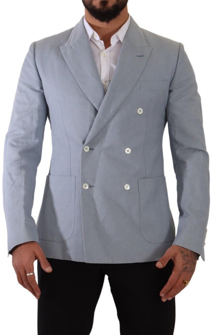 Dolce & Gabbana Blue Cotton Linen Slim Fit Jacket Coat Blazer Lichtblauw