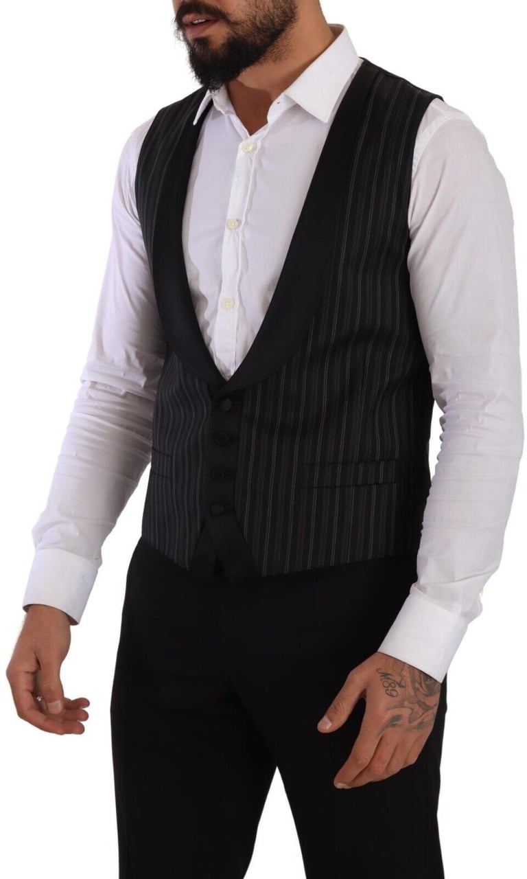 Dolce & Gabbana Black Striped Wool Silk Waistcoat Vest Zwart