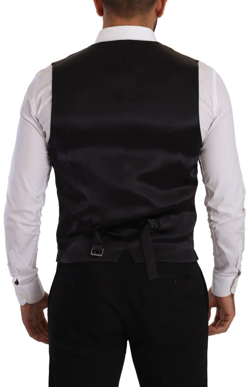 Dolce & Gabbana Black Striped Wool Silk Waistcoat Vest Zwart