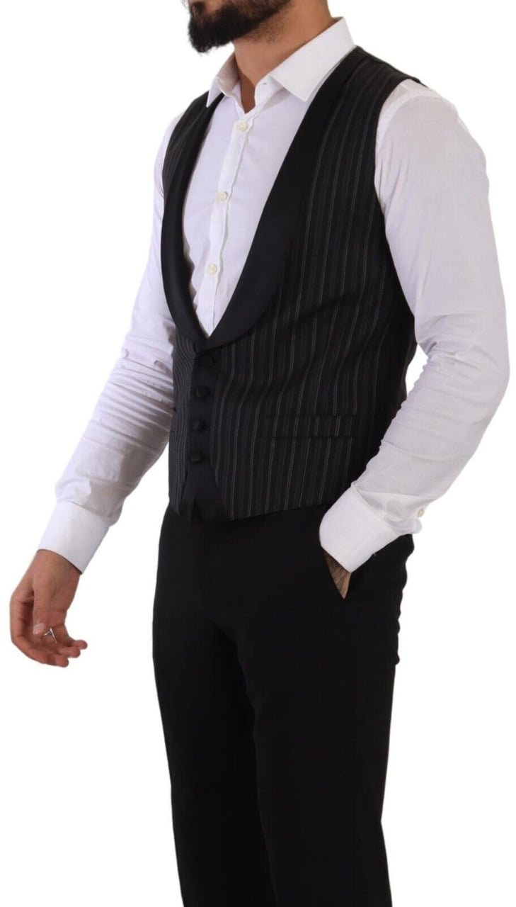 Dolce & Gabbana Black Striped Wool Silk Waistcoat Vest Zwart