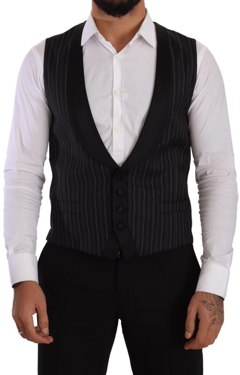 Dolce & Gabbana Black Striped Wool Silk Waistcoat Vest Zwart