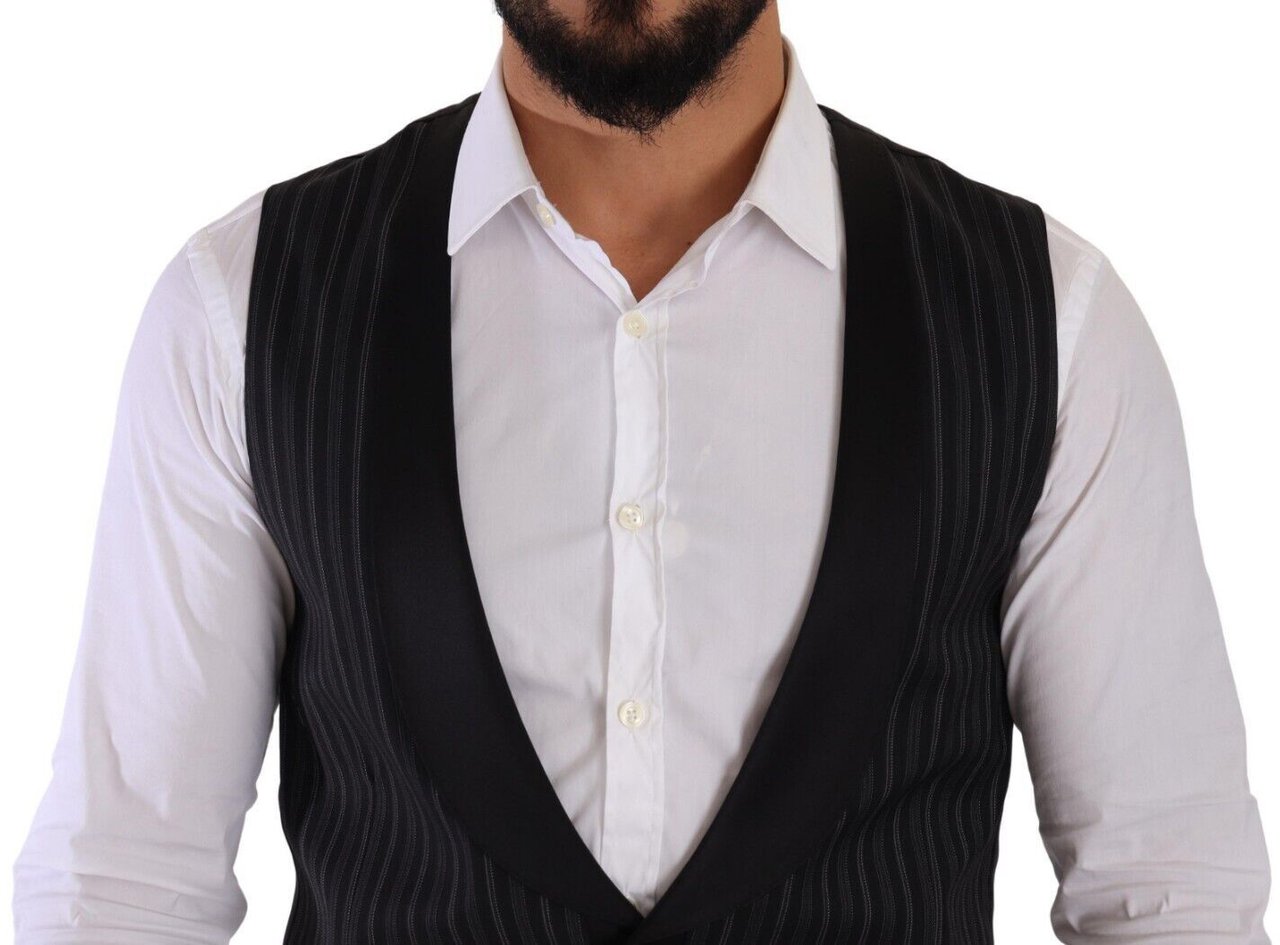 Dolce & Gabbana Black Striped Wool Silk Waistcoat Vest Zwart