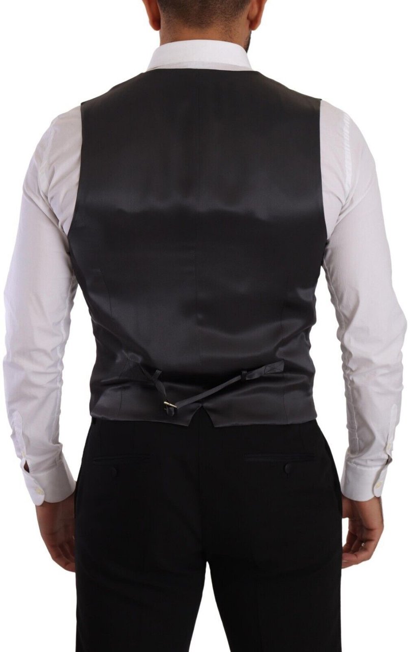 Dolce & Gabbana Gray Striped Double Breasted Waistcoat Vest Zwart