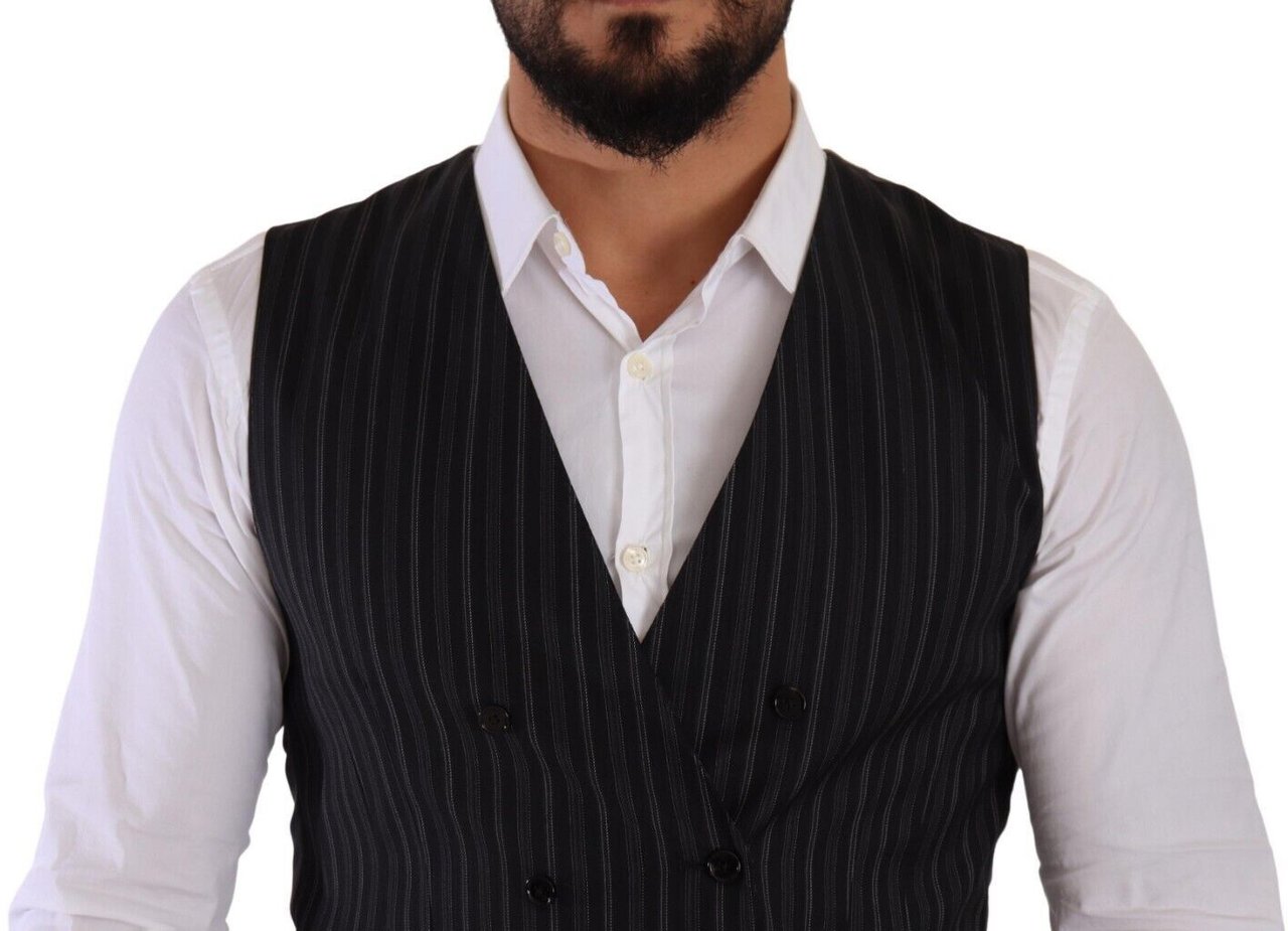 Dolce & Gabbana Gray Striped Double Breasted Waistcoat Vest Zwart