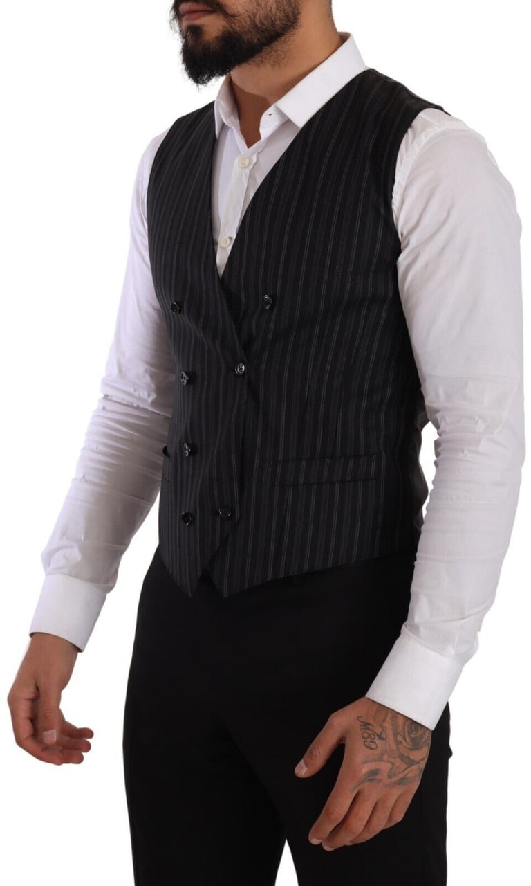 Dolce & Gabbana Gray Striped Double Breasted Waistcoat Vest Zwart