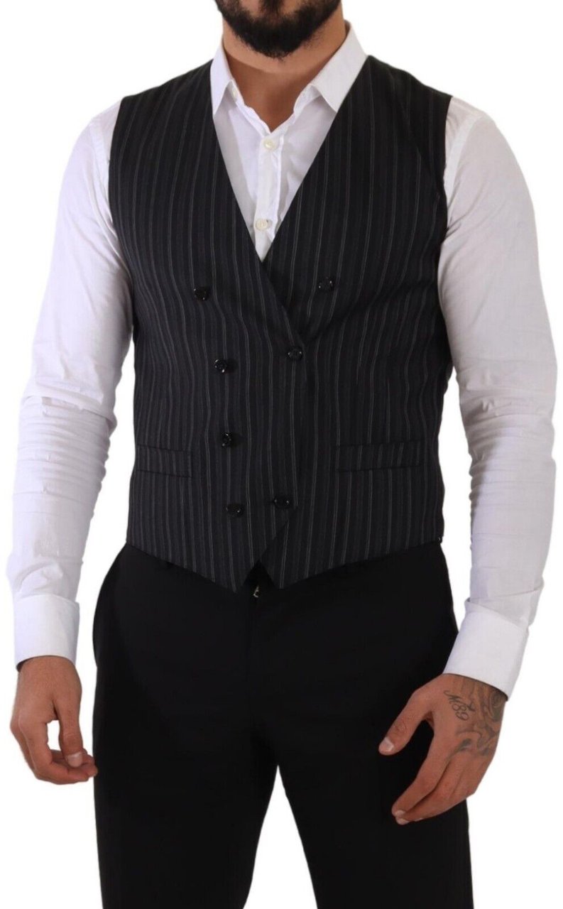 Dolce & Gabbana Gray Striped Double Breasted Waistcoat Vest Zwart