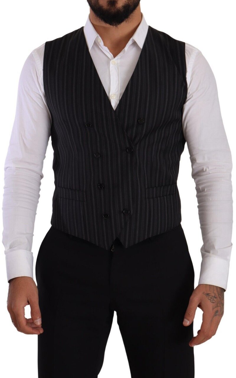 Dolce & Gabbana Gray Striped Double Breasted Waistcoat Vest Zwart