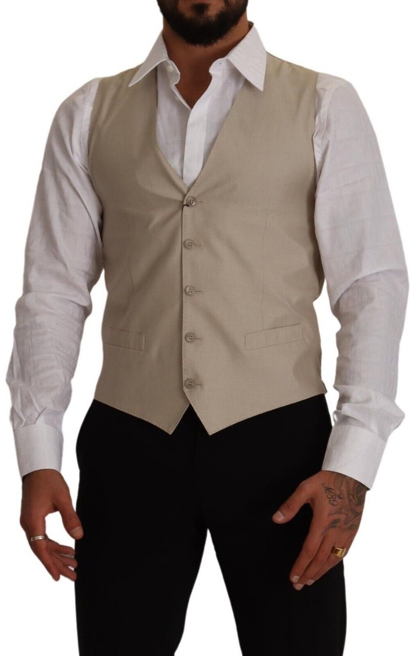 Dolce & Gabbana Beige Cotton Silk Slim Fit Waistcoat Vest Beige