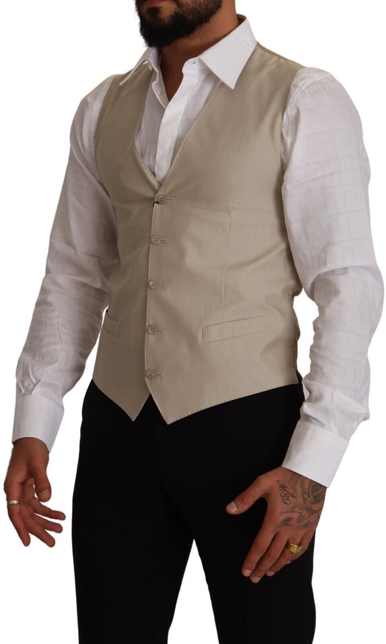 Dolce & Gabbana Beige Cotton Silk Slim Fit Waistcoat Vest Beige