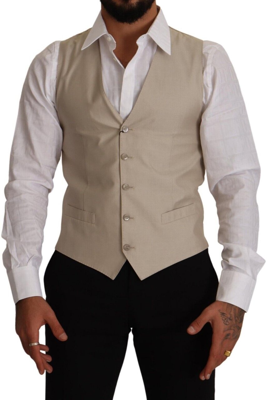 Dolce & Gabbana Beige Cotton Silk Slim Fit Waistcoat Vest Beige