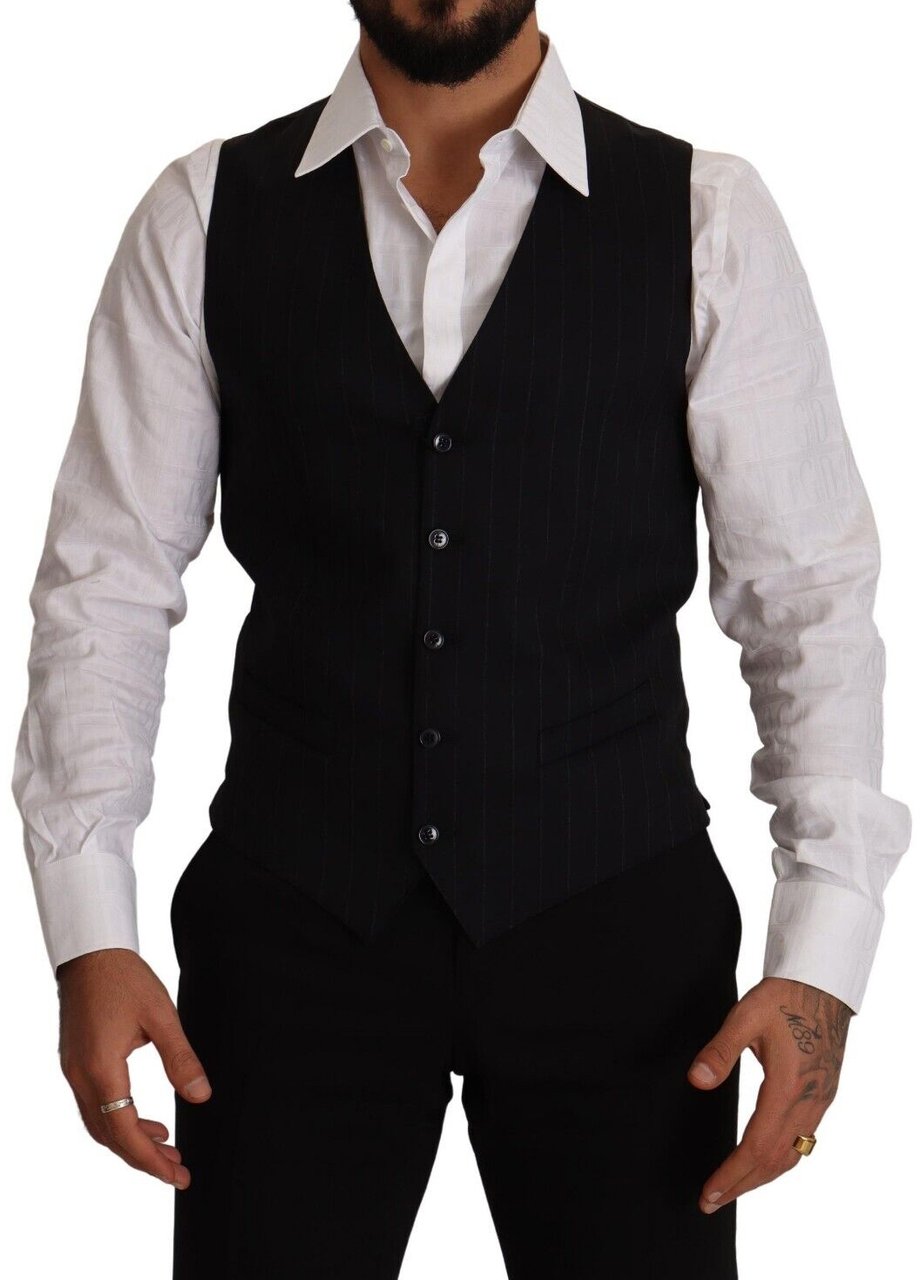 Dolce & Gabbana Blue Striped Wool Stretch Waistcoat Vest Blauw