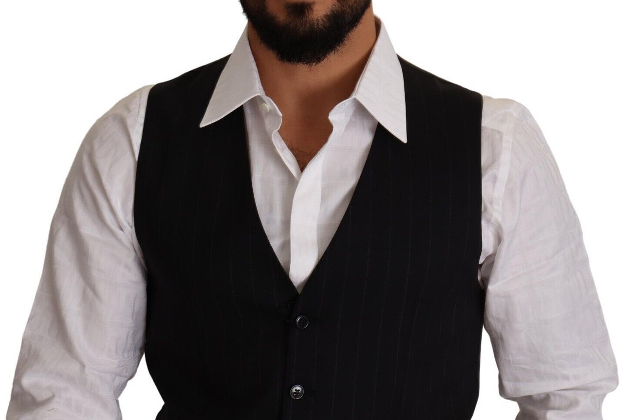 Dolce & Gabbana Blue Striped Wool Stretch Waistcoat Vest Blauw