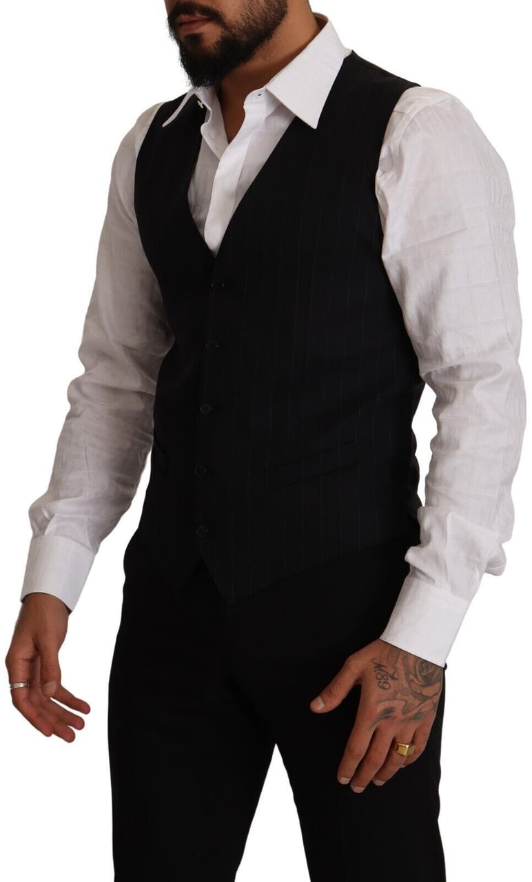 Dolce & Gabbana Blue Striped Wool Stretch Waistcoat Vest Blauw