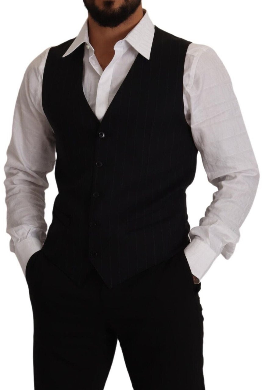 Dolce & Gabbana Blue Striped Wool Stretch Waistcoat Vest Blauw