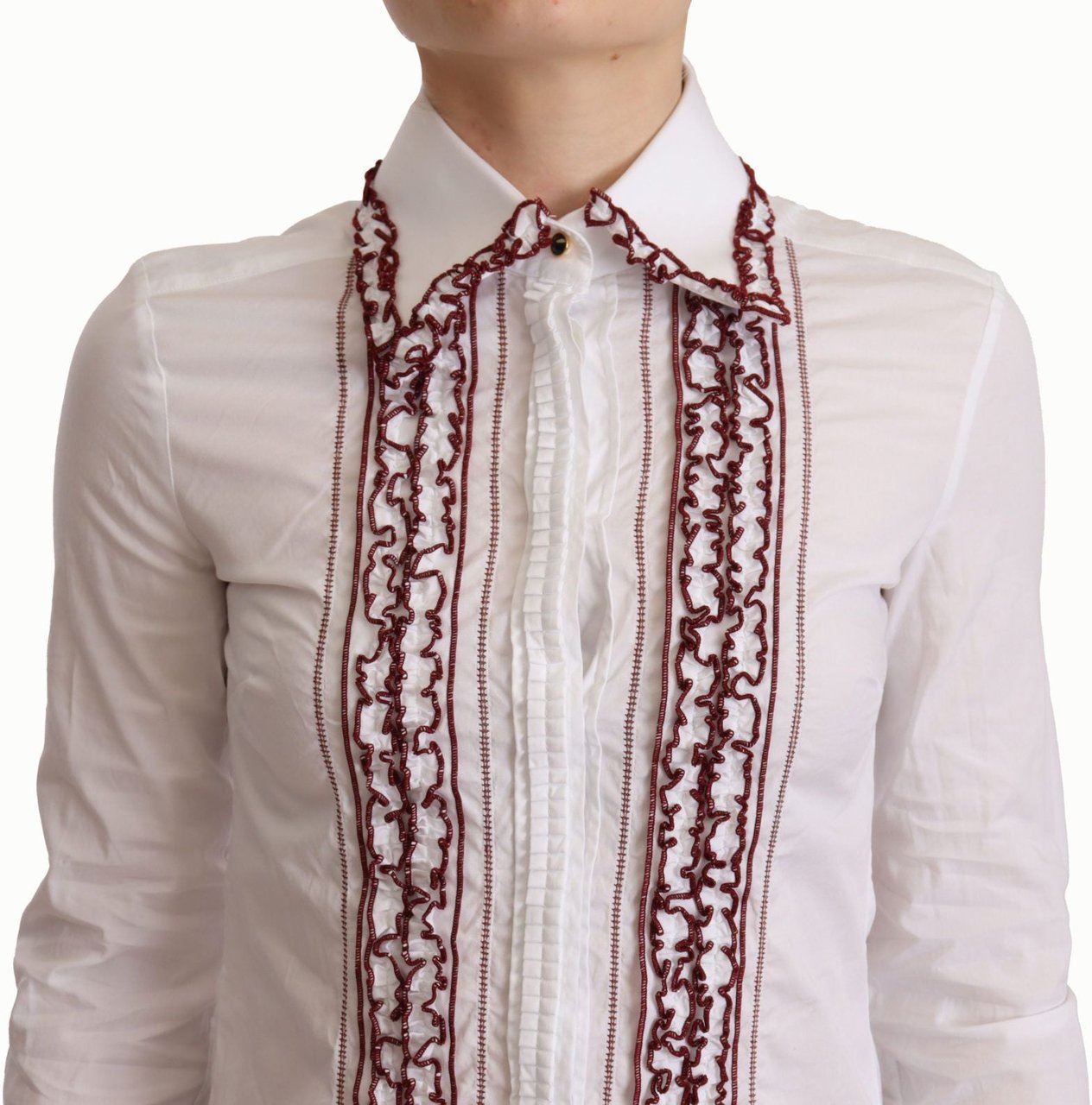 Dolce & Gabbana White Cotton Lace Long Sleeves Ruffle Collar Top Shirt Wit