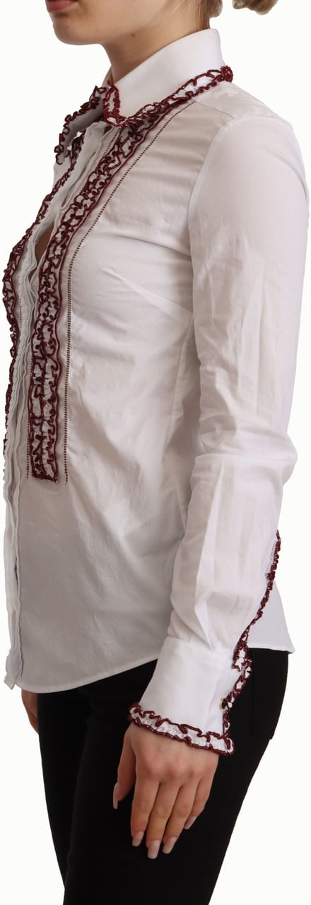 Dolce & Gabbana White Cotton Lace Long Sleeves Ruffle Collar Top Shirt Wit