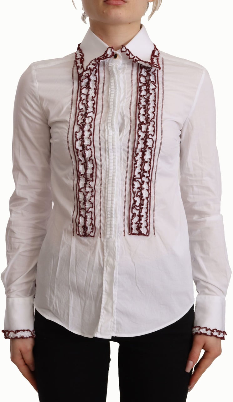 Dolce & Gabbana White Cotton Lace Long Sleeves Ruffle Collar Top Shirt Wit