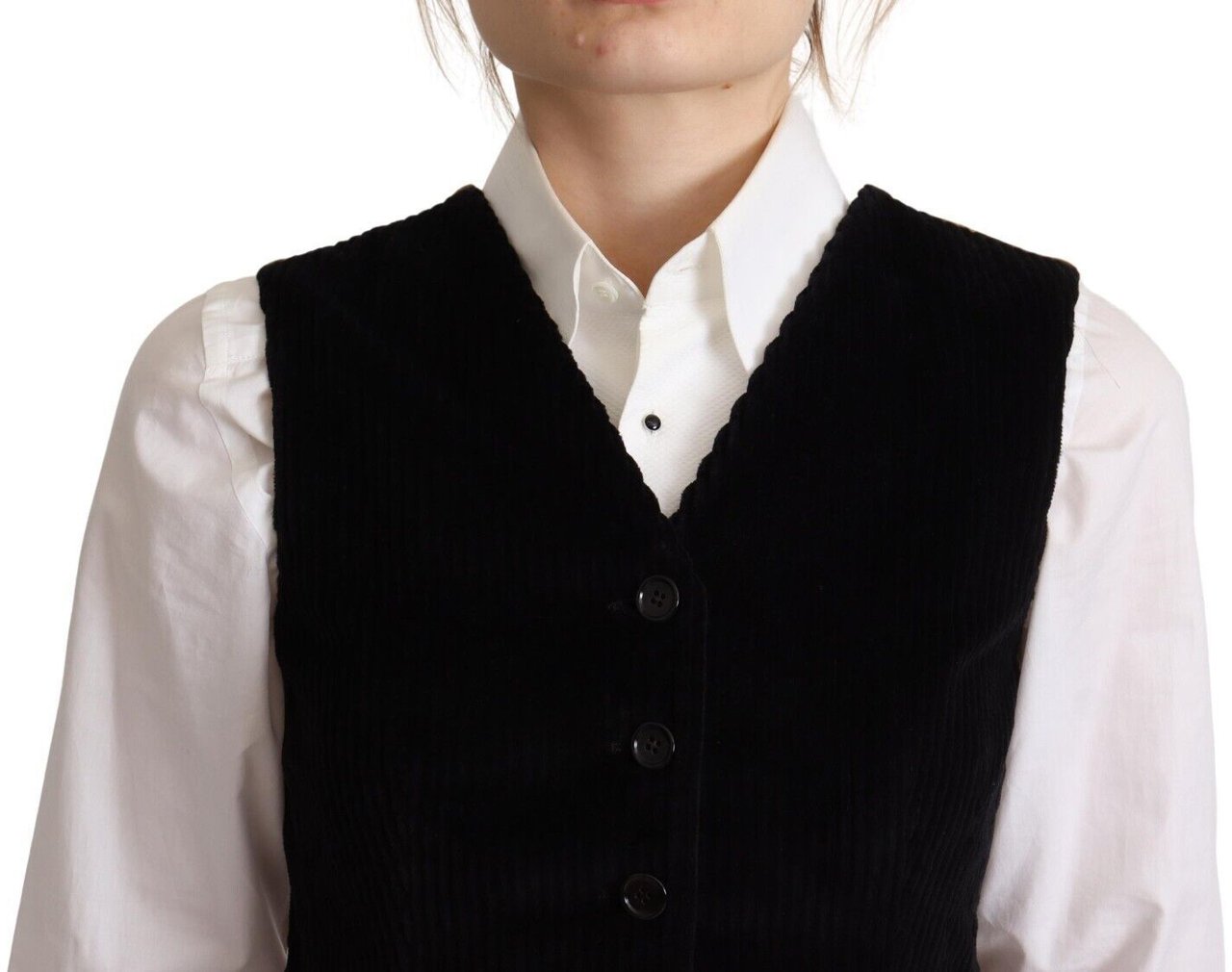 Dolce & Gabbana Black V-neck Leopard Corduroy Button Vest Top Zwart