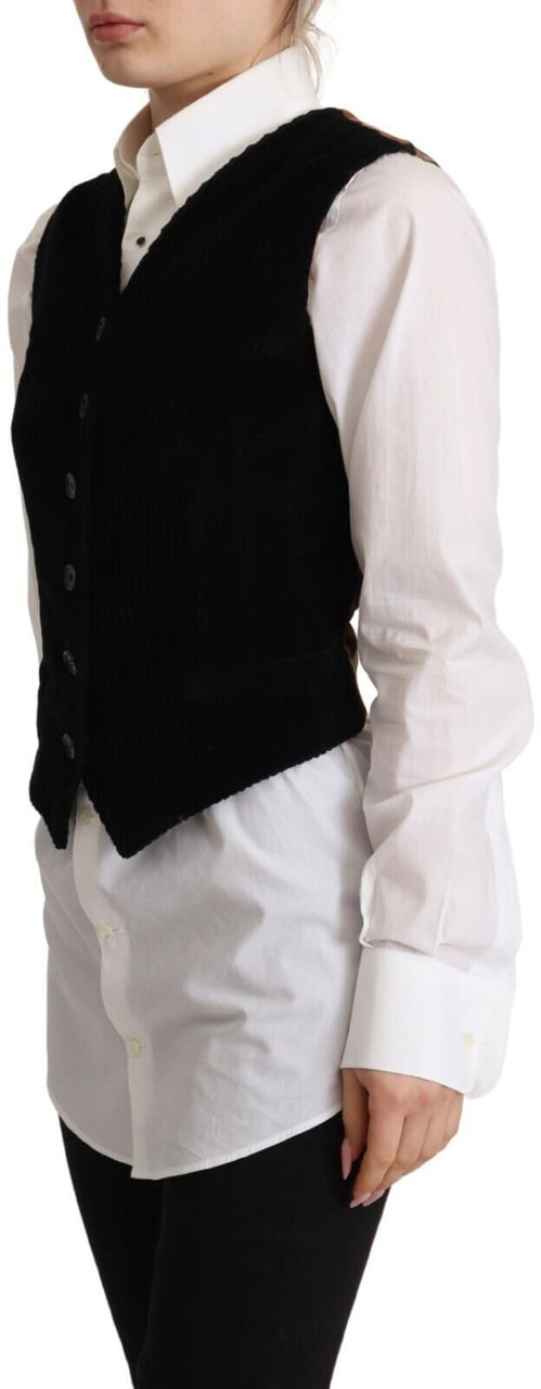 Dolce & Gabbana Black V-neck Leopard Corduroy Button Vest Top Zwart